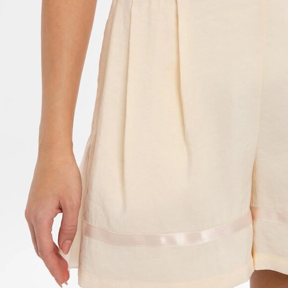 Satin Shorts With Elastic Back And Embroidered Piping Details in Ecru - Picture 2 of 5